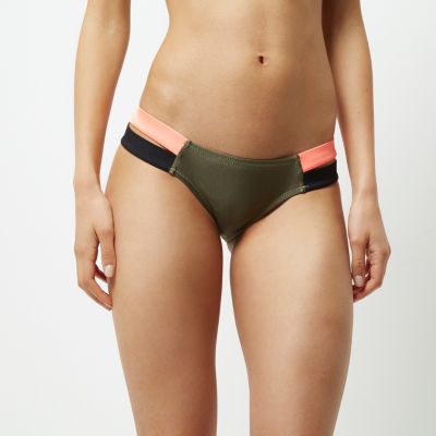 Khaki panel stripe bikini bottoms